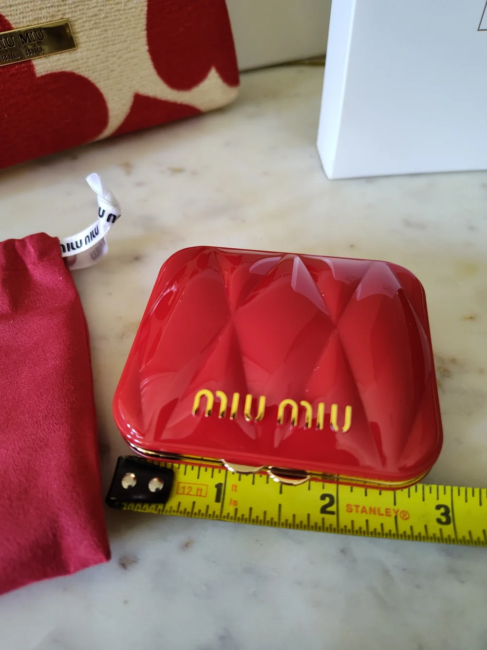 MIU MIU Red Ivory Heart Print Mirror Miroir Compact Clutch Pochette Gift Set NIB